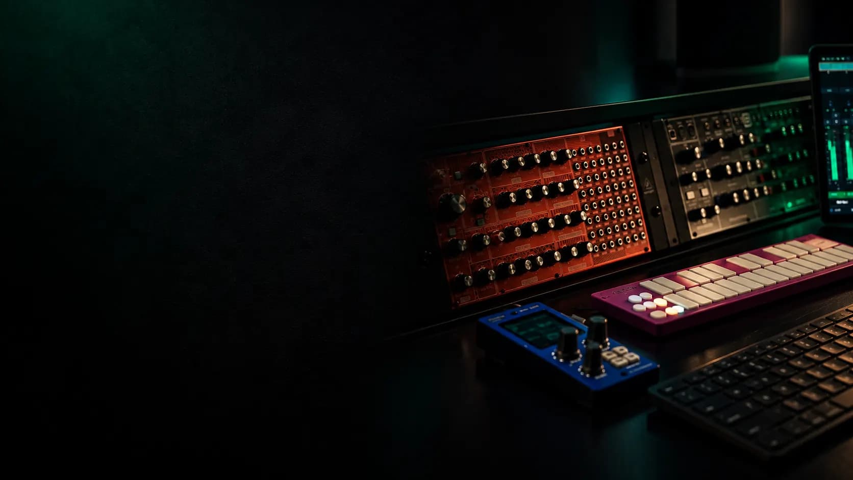 Modular synth rack, keys and meters in the studio