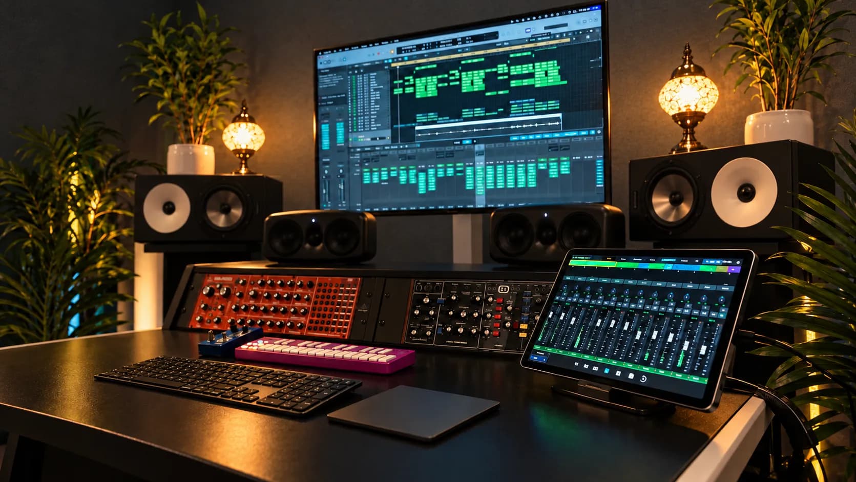 The mix desk at night: the session on the big screen between two mosaic lamps, Amphion monitors, the synth rack and a tablet mixer
